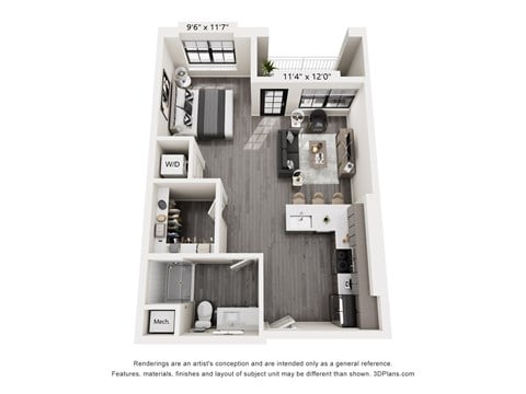 Floor plan for studio, 1 bath, 626 sqft